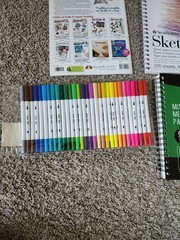 3 Zentangle Coloring Work books. 2 Sketch Books, 30 Color Dual Brush Pens