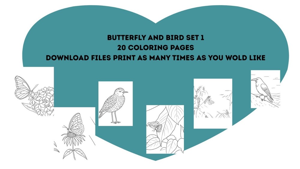 Digital Download mix set of 20 buterfly/birds coloring pages made from photos