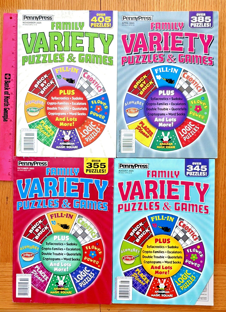 Lot of 4 PENNY PRESS FAMILY VARIETY PUZZLES & GAMES Unsolved Rtl $38+ FREE SHIP