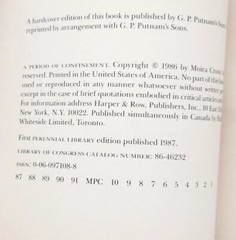A Period Of Confinement by Moira Crone 1st Perennial Library Edition 1987 Book