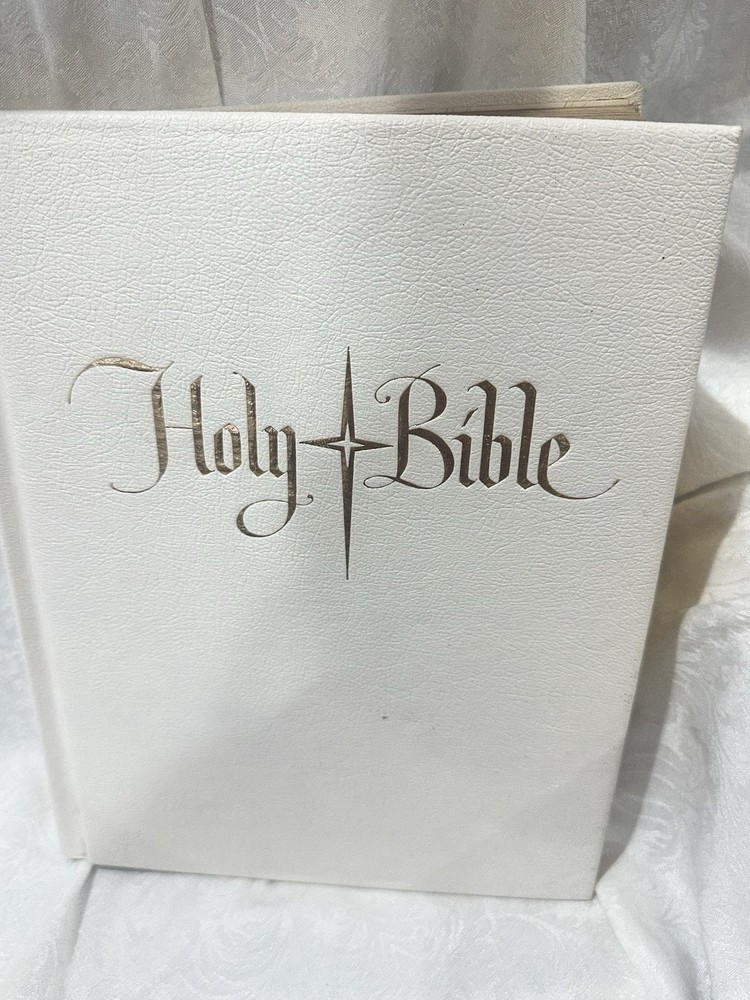 Vintage Large Holy Bible Catholic Version White Gold Gilt Page Edges Pictures