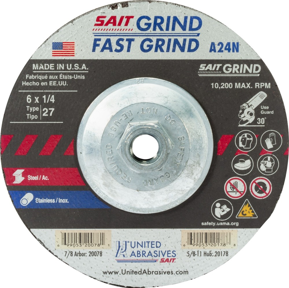 United Abrasives SAIT 20178 6×5/8-11 A24N Fast Metal Grinding Wheels 10 pack