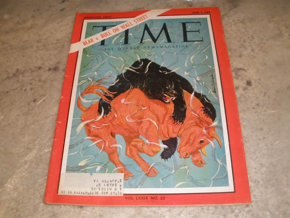 VINTAGE TIME MAGAZINE BEAR V BULL ON WALL STREET JUNE 1 1962