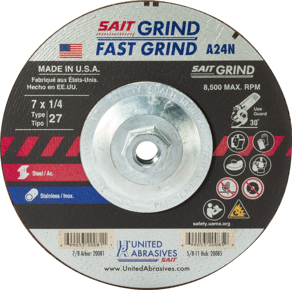 United Abrasives 20085 A24N 7×5/8-11 Fast Metal/Stainless Grinding Wheel 10 pk