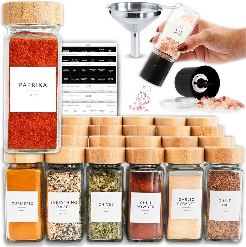 Glass Spice Jars with Label, 24PK Bamboo Jar Spices Set 4Oz, 374 Spice Labels, P