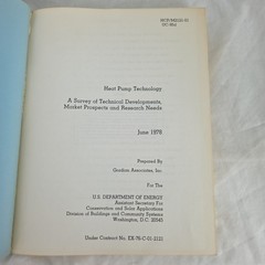 Vintage 1978 Book. Heat Pump Technology. Prepared For US Dept Of Energy