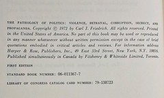 Harper & Row The Pathology of Politics Carl J Friedrich 1st Ed 1972 Hardcover DJ