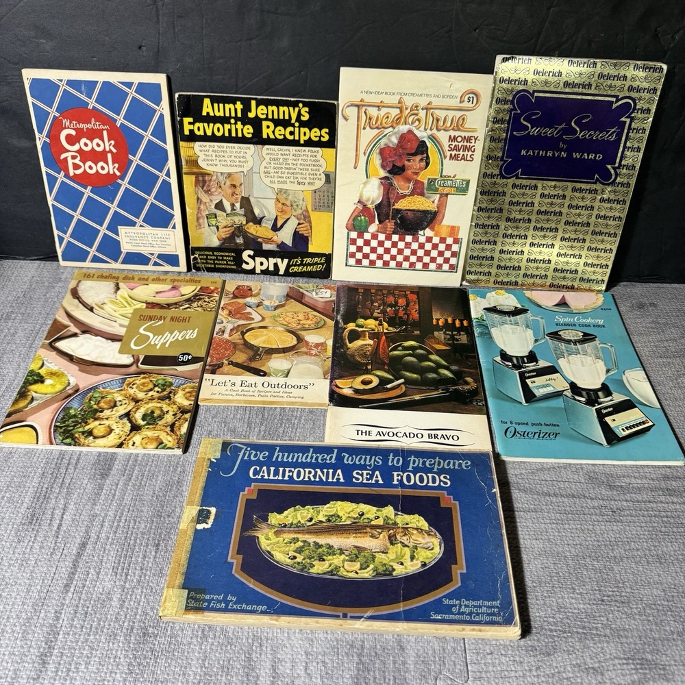 9 Vtg Cookbook Lot Pamphlets 1930s-1960s – Desserts Seafood Sunday Night Supper