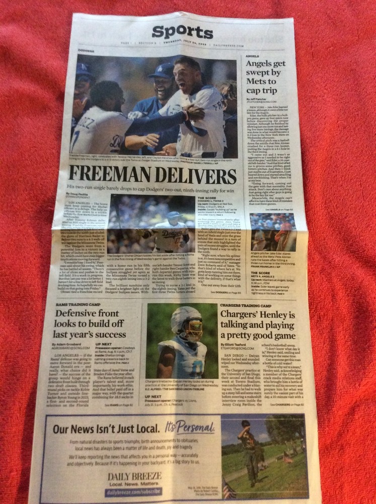 DAILY BREEZE SPORTS SECTION JULY 24 2025 DODGERS FREDDIE FREEMAN TEOSCAR