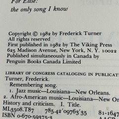REMEMBERING SONG By Frederick W. Turner – Encounters New Orleans Jazz Tradition