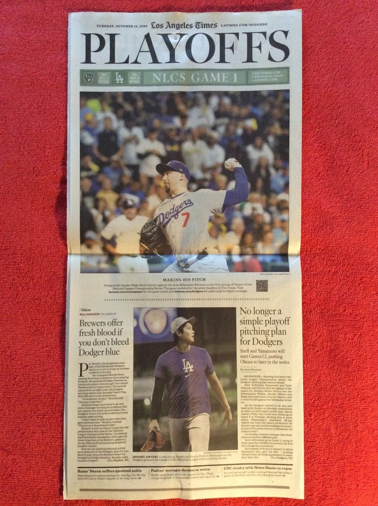 LA TIMES SPORTS OCTOBER 14 2025 NLCS GAME 1 DODGERS SHOHEI OHTANI BLAKE SNELL