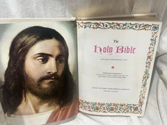 Vintage Large Holy Bible Catholic Version White Gold Gilt Page Edges Pictures