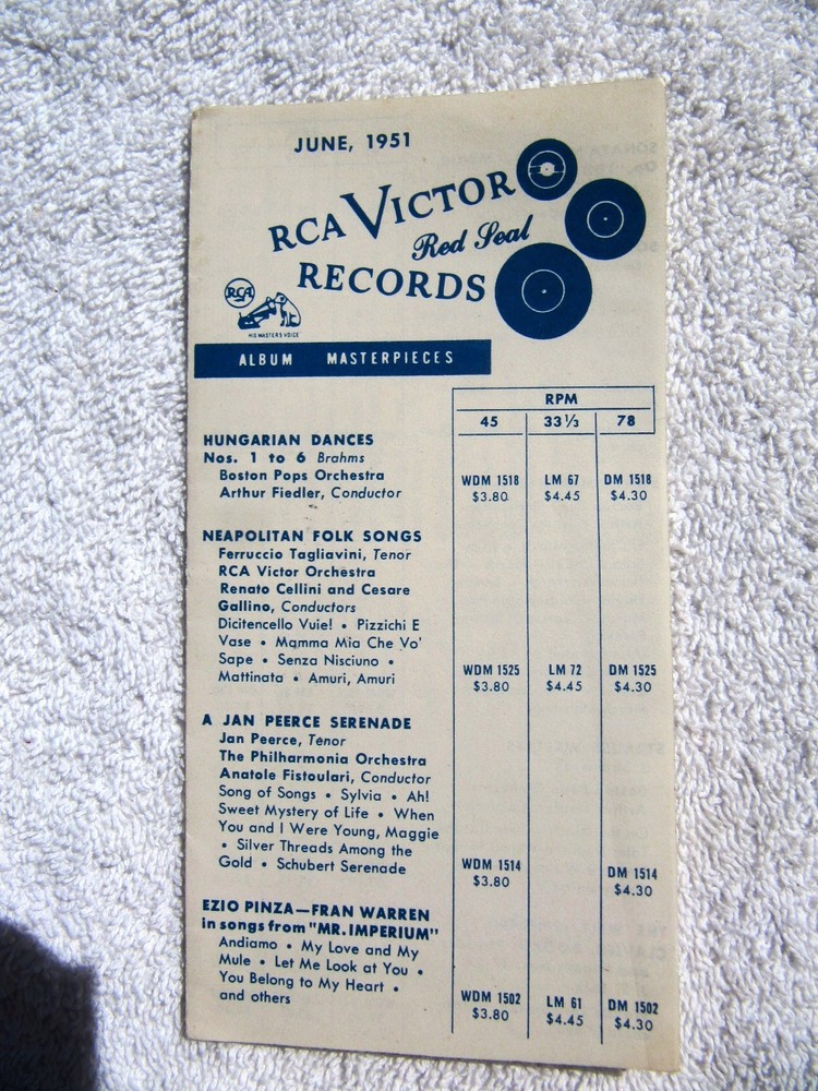 June 1951 RCA VICTOR Red Seal Records Supplement RECORD CATALOG LP 33 45 78