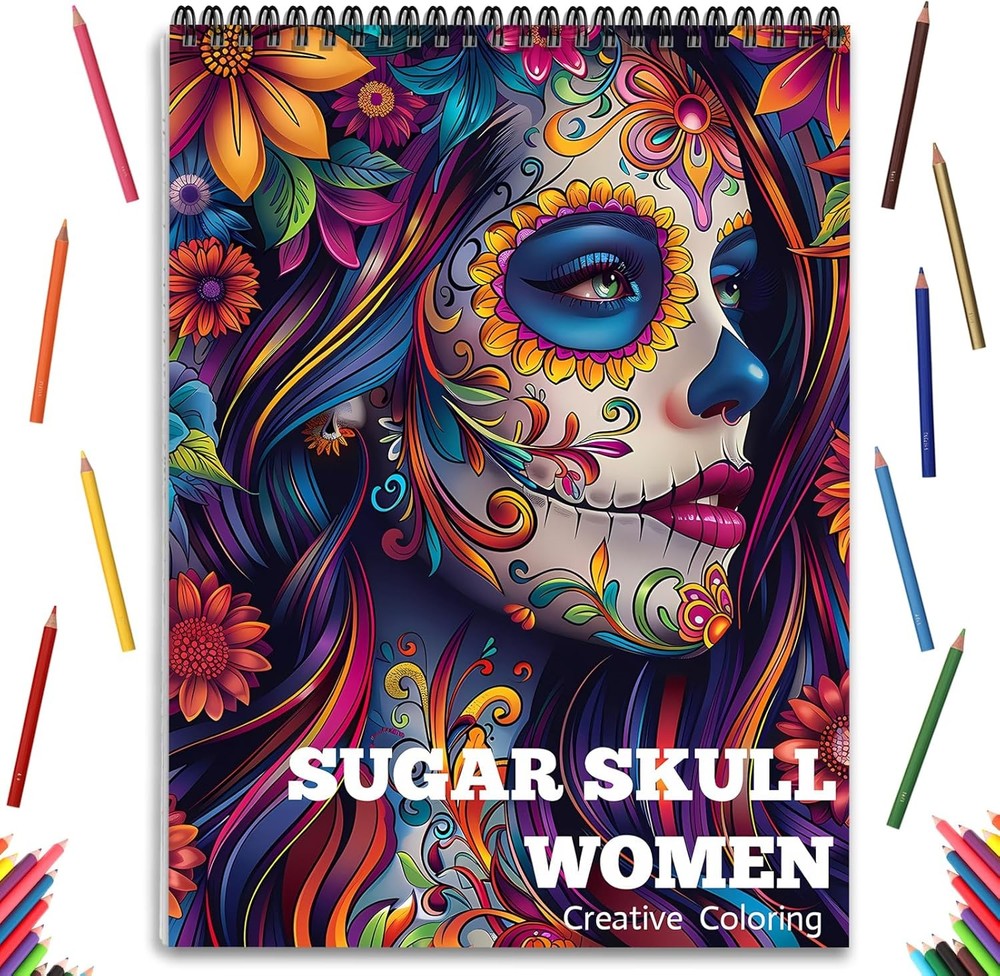 Sugar Skull Coloring Book for Adult Women Relaxation, Spiral Bound, Printed S…