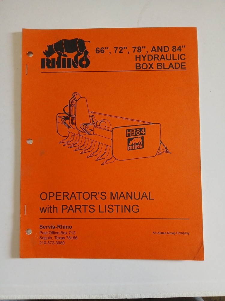Rhino 66″- 84″ Hydraulic Box Blade Operator’s Manual Parts List Book 1993