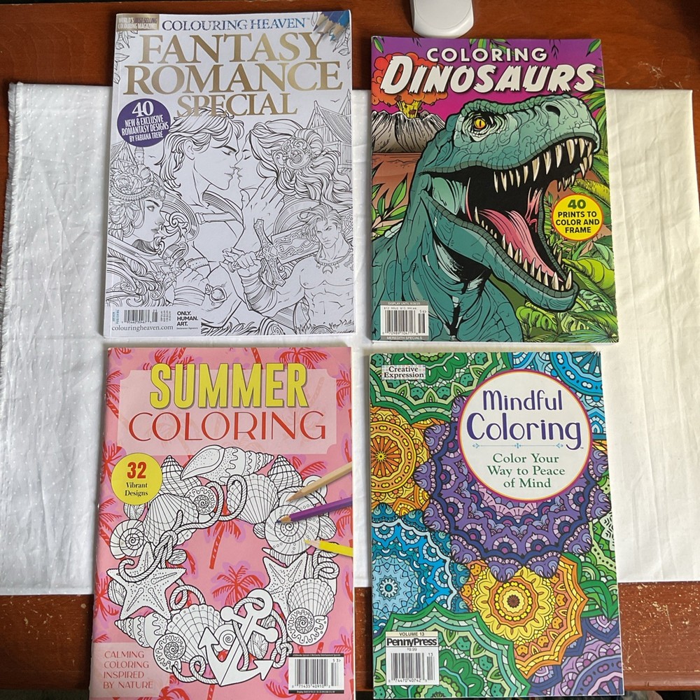 Adult Coloring Book Lot of 4: FANTASY ROMANCE SUMMER DINOSAURS MINDFUL NEW NOS