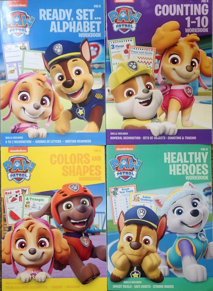 Paw Patrol Pre-K Workbook set of 4 Alphabet Counting Shapes Healthy Heroes