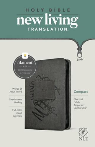 NLT Compact Zipper Bible, Filament Enabled (Leatherlike, Charcoal Patch, Red