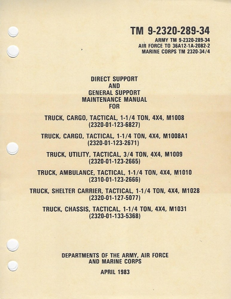 Historical book for Truck, Cargo, 1 1/4 Ton, 4×4, M1008 series, Depot Maint