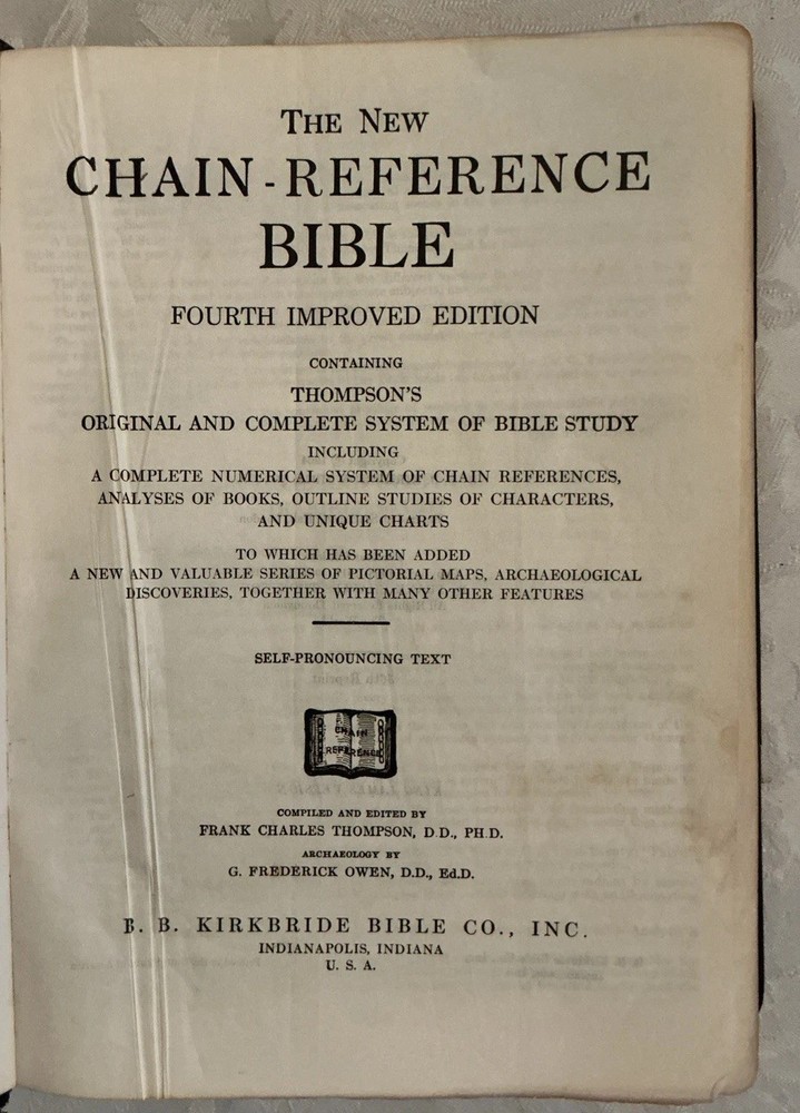 The New Chain Reference Bible Thompson 4th Improved Edition B B Kirkbride 1964