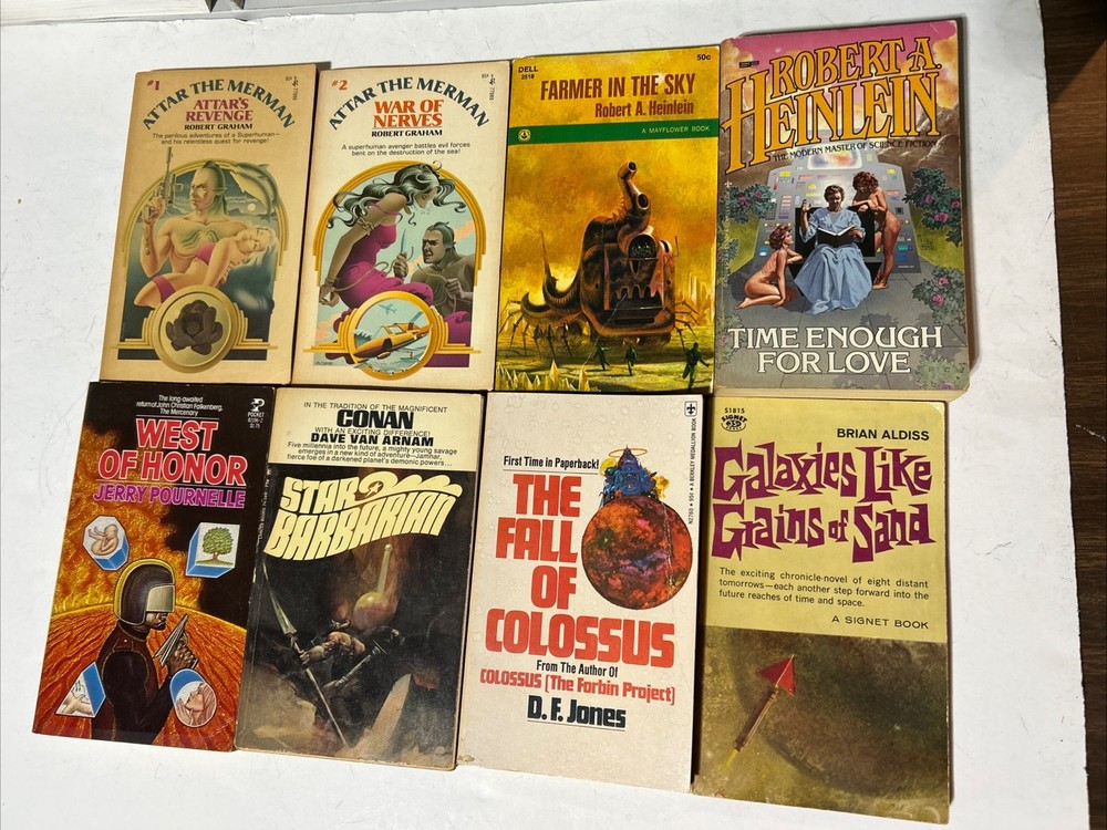 Vintage 1970s Pulp Sci Fi PB Book Lot of 8 VG Heinlein Attar Star Barbarian More