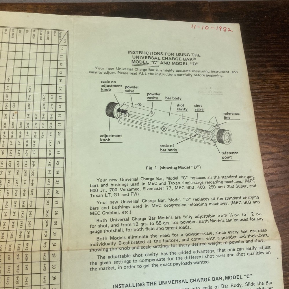 Universal Charge Bar Instructions Model C D Fits MEC Vtg Multi Scale Charge LTD