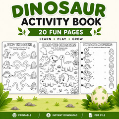 DIGITAL CONTENT- 2025 Merrick Dinosaur 20 Page Activity Book – PRINTABLE