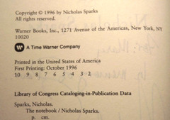 The Notebook by Nicholas Sparks (1996) HC.DJ. 2nd Printing. Signed. Near Fine