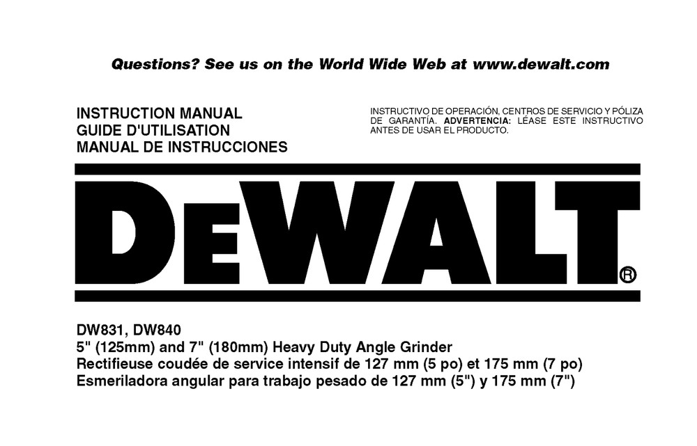 DeWALT DW840 Grinder Instruction Manual: 39 Pages Coil Bound