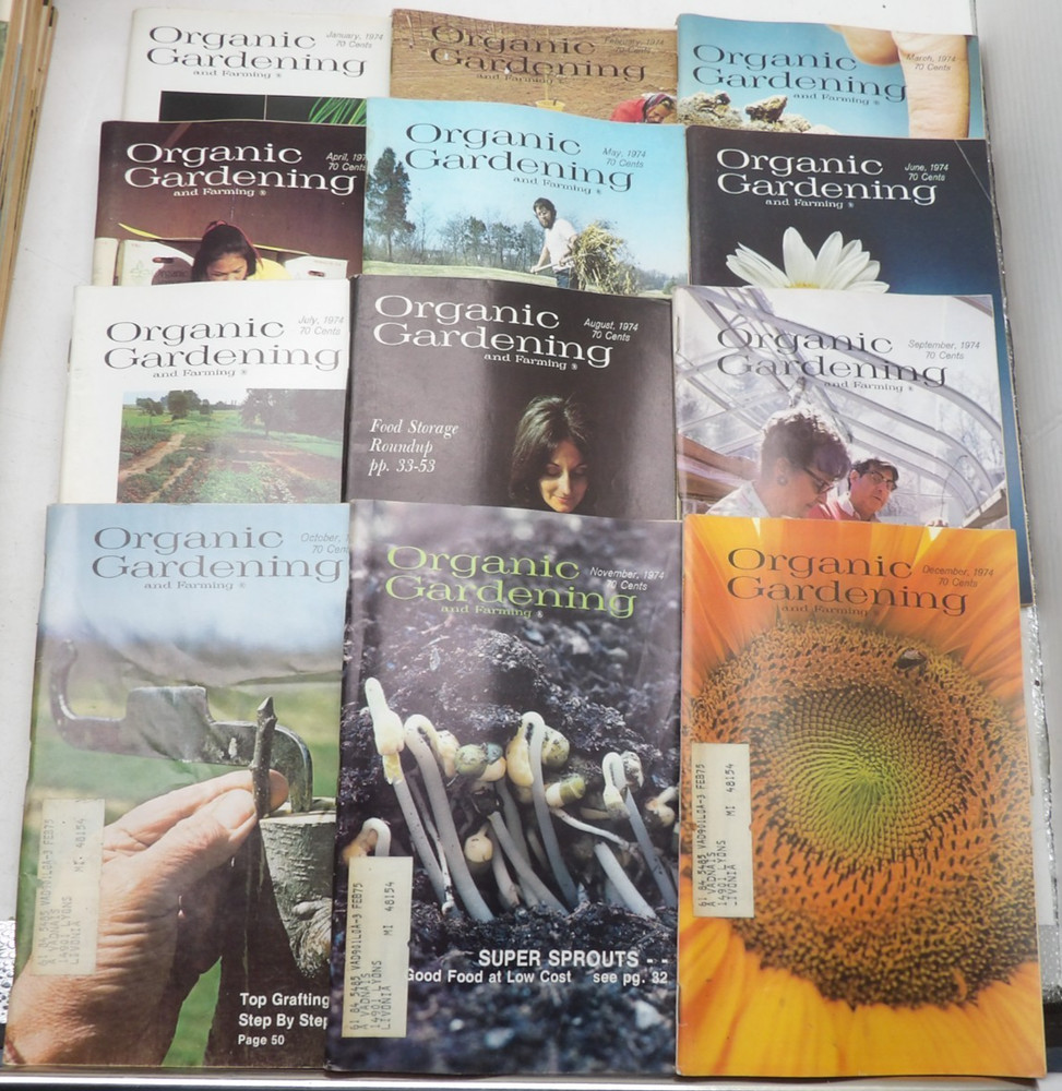 Lot of 12 Vintage Organic Gardening and Farming Magazines 1974 January-December