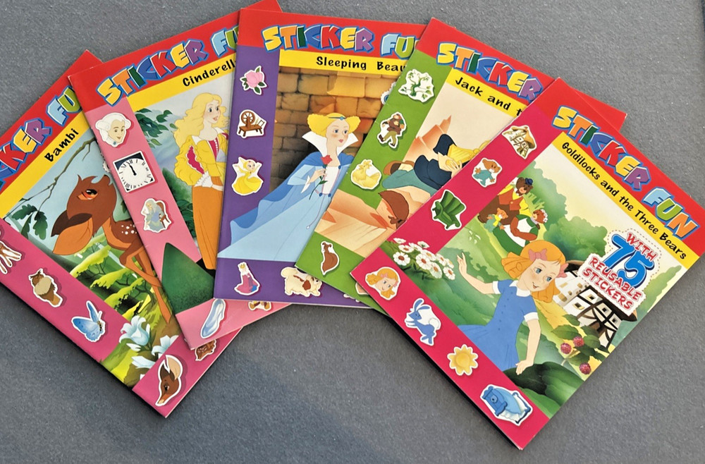 5 NEW Sticker Fun fairytale books 75 Reusable Stickers Bambi Jack Cinderella ETC