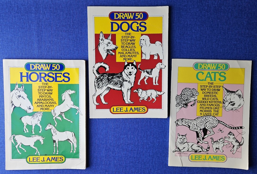 Draw 50 Animals Books Lot Lee J Ames Horses Cats Dogs Step-by-Step Drawing