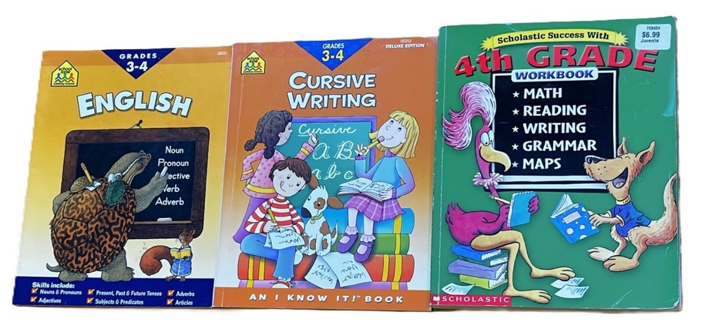 Lot of 3 Grades 3 & 4 English Math Writing Grammar Map Workbooks Activity Books