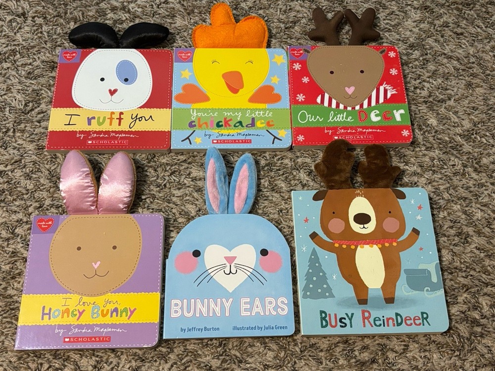 6 ASSORTED ANIMAL CHILDREN’S BOARD BOOKS WITH PLUSH EARS SANDRA MAGSAMEN & MORE