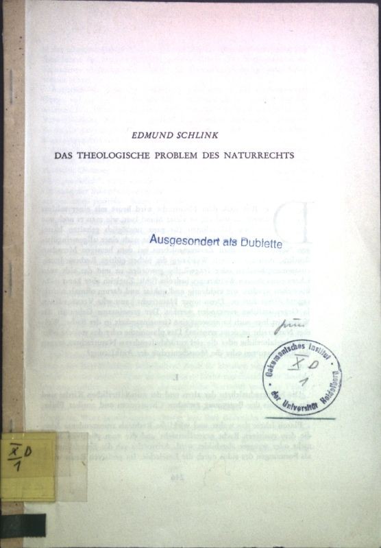 Das theologische Problem des Naturrechts; Sonderdruck aus: keine Angabe; Schlink