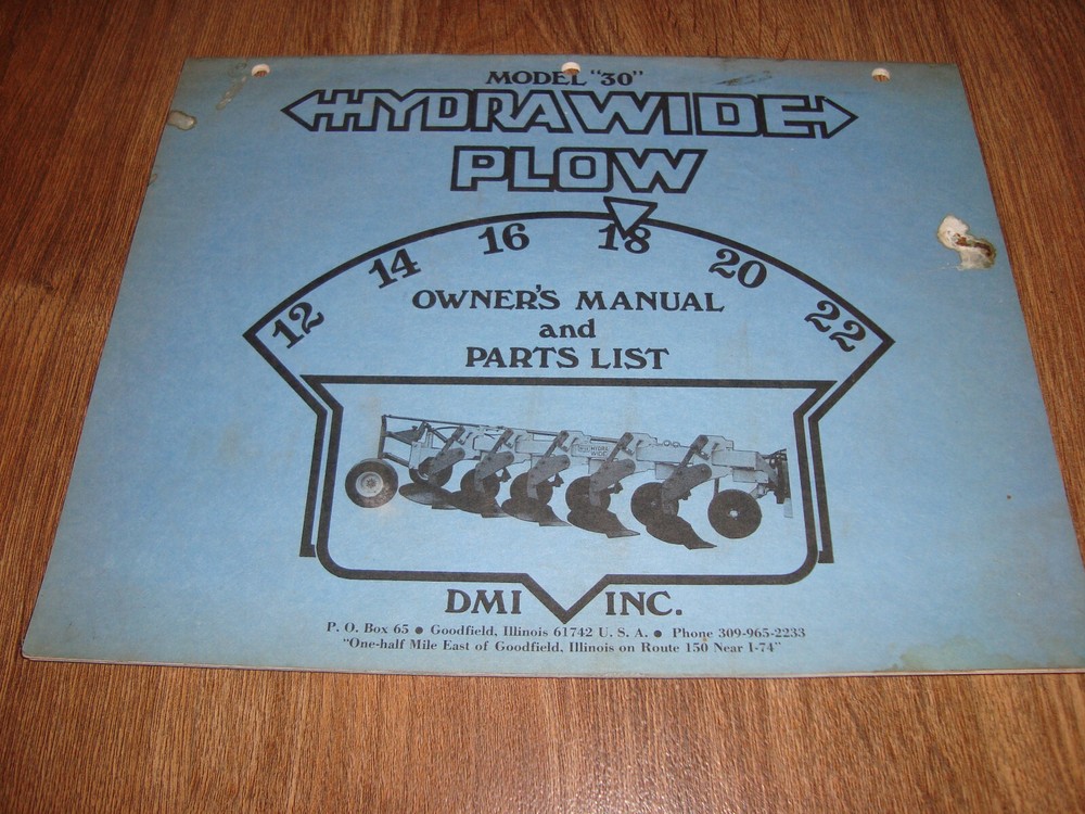 DMI Model 30 Hydrawide Plow Owners Manual Parts List F1008 2.594P5