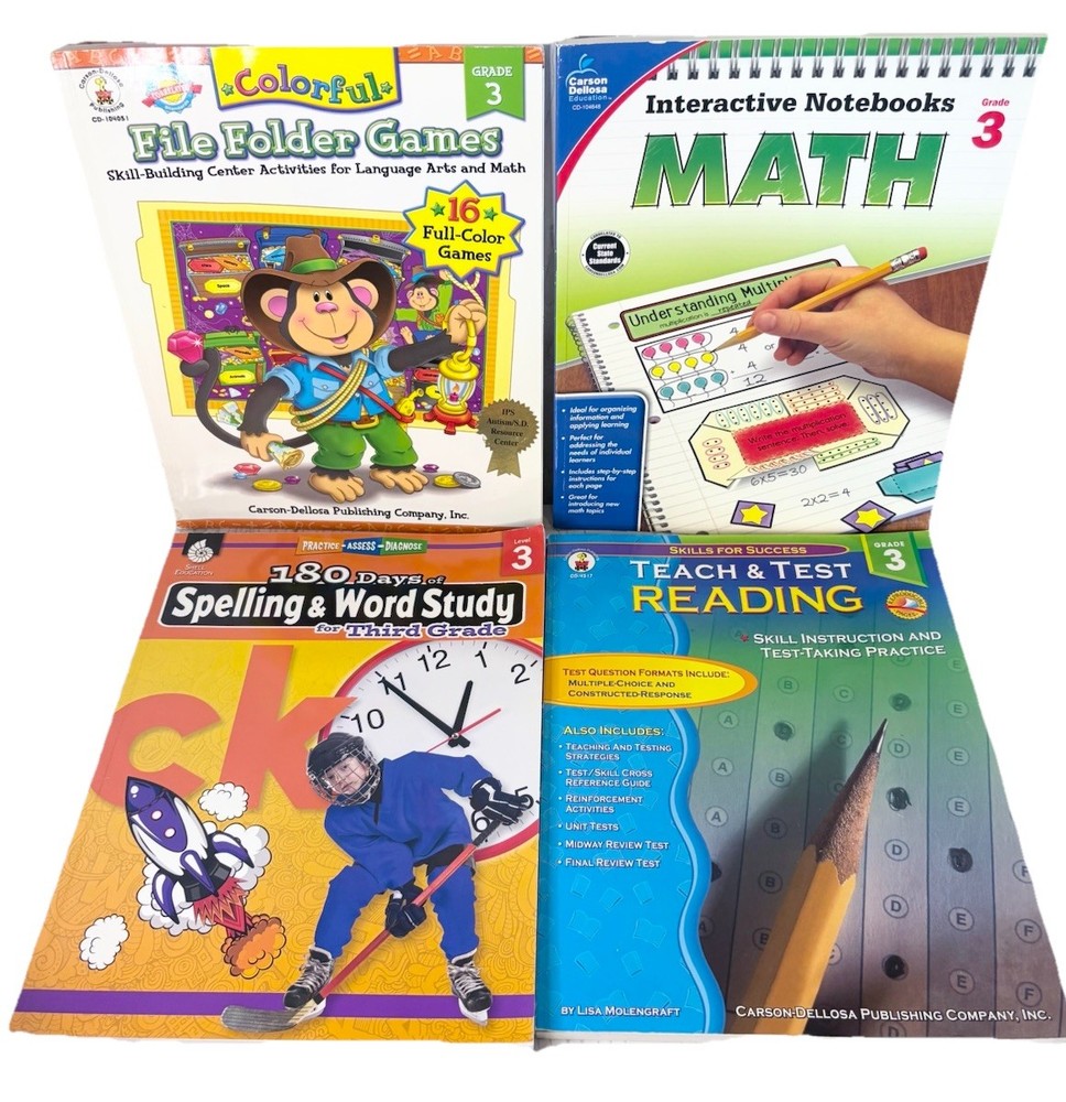 3rd Grade Workbooks Teacher Resource Math Spelling Reading File Folders Lot of 4