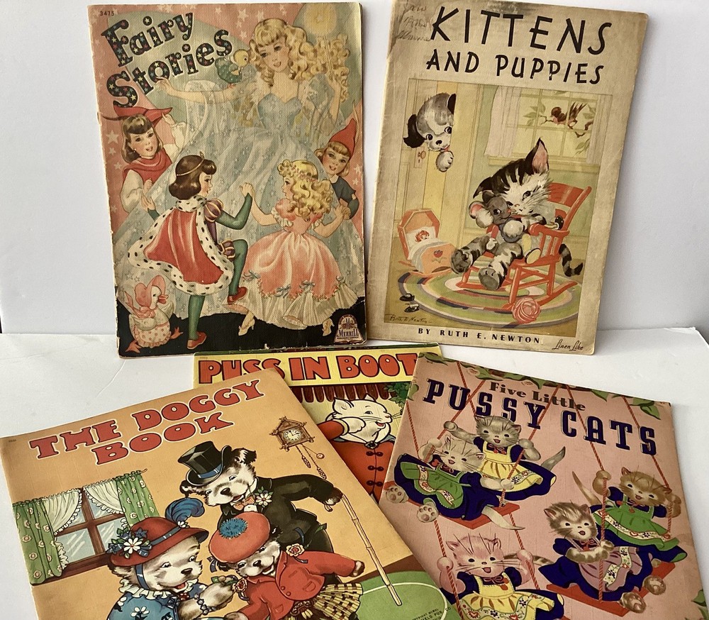 1940s Vintage Linen Children’s Books Lot of 5 Whitman, Saalfield, Etc GRAPHICS!