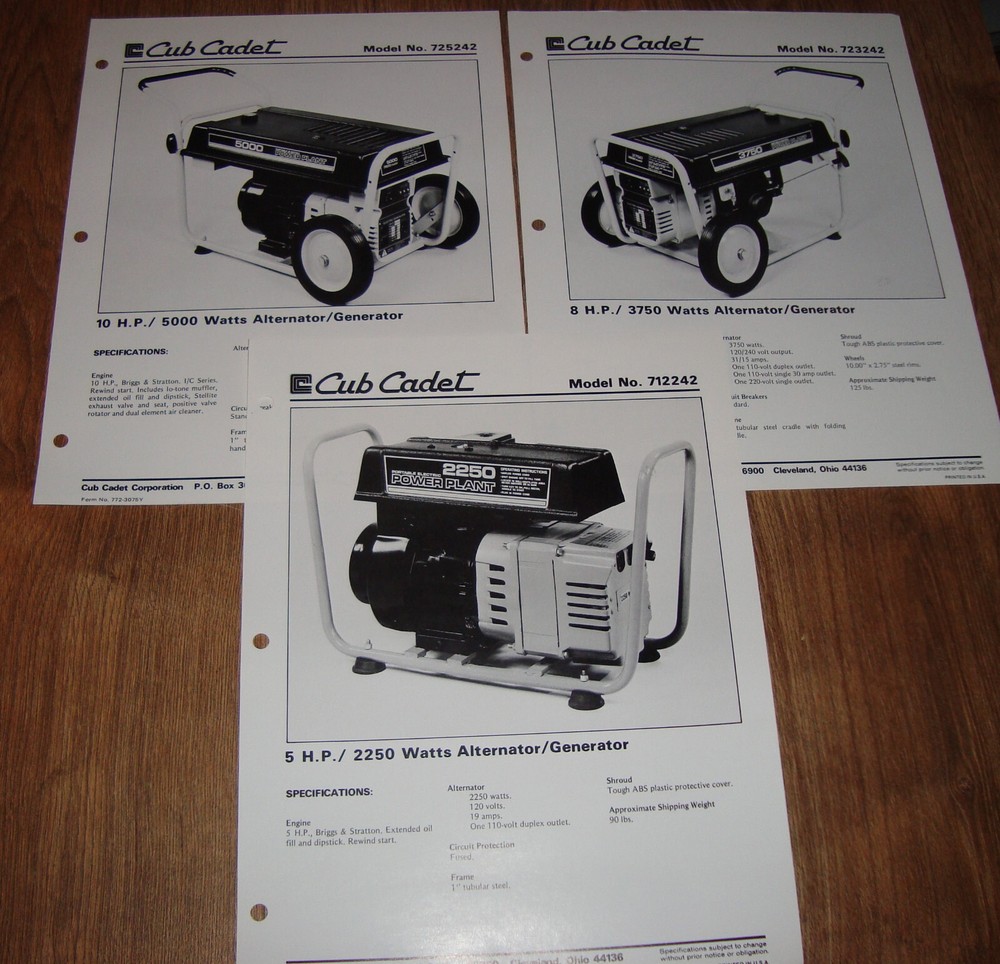 Cub Cadet Generator 5 8 10 H.P. Information Sheets 712242 723242 725242