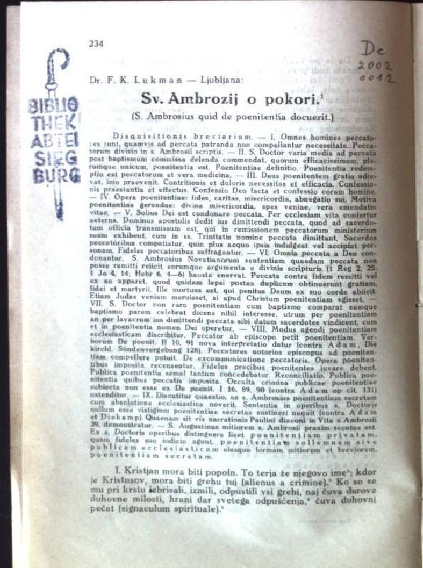 Sv. Ambrozij o pokori; Sonderdruck aus: keine Angabe. Lukman, F. K.: