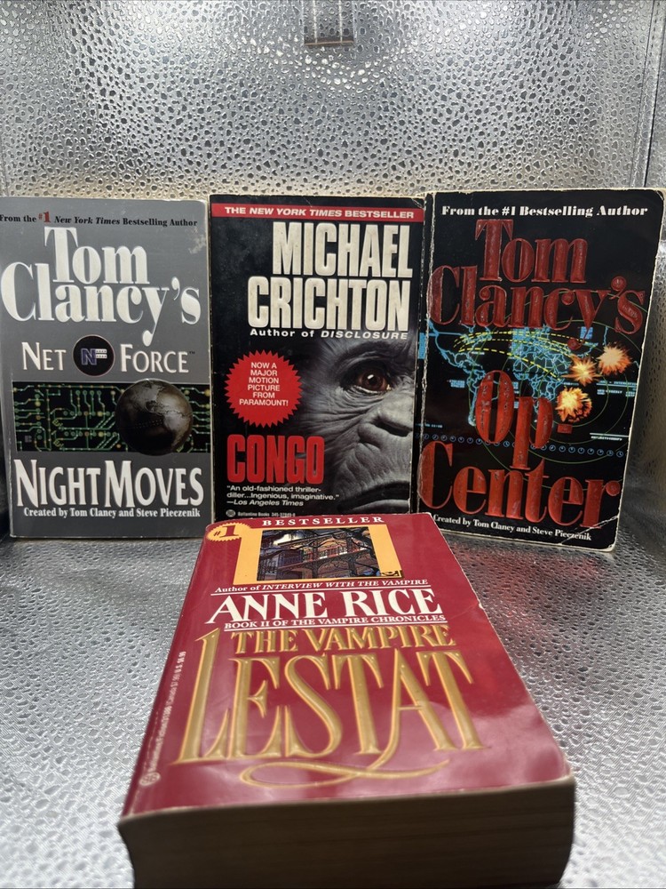 Mixed Paperback Book Lot 4 Crichton/Clancy/Rice Paperback Bundle Suspense/ Myste