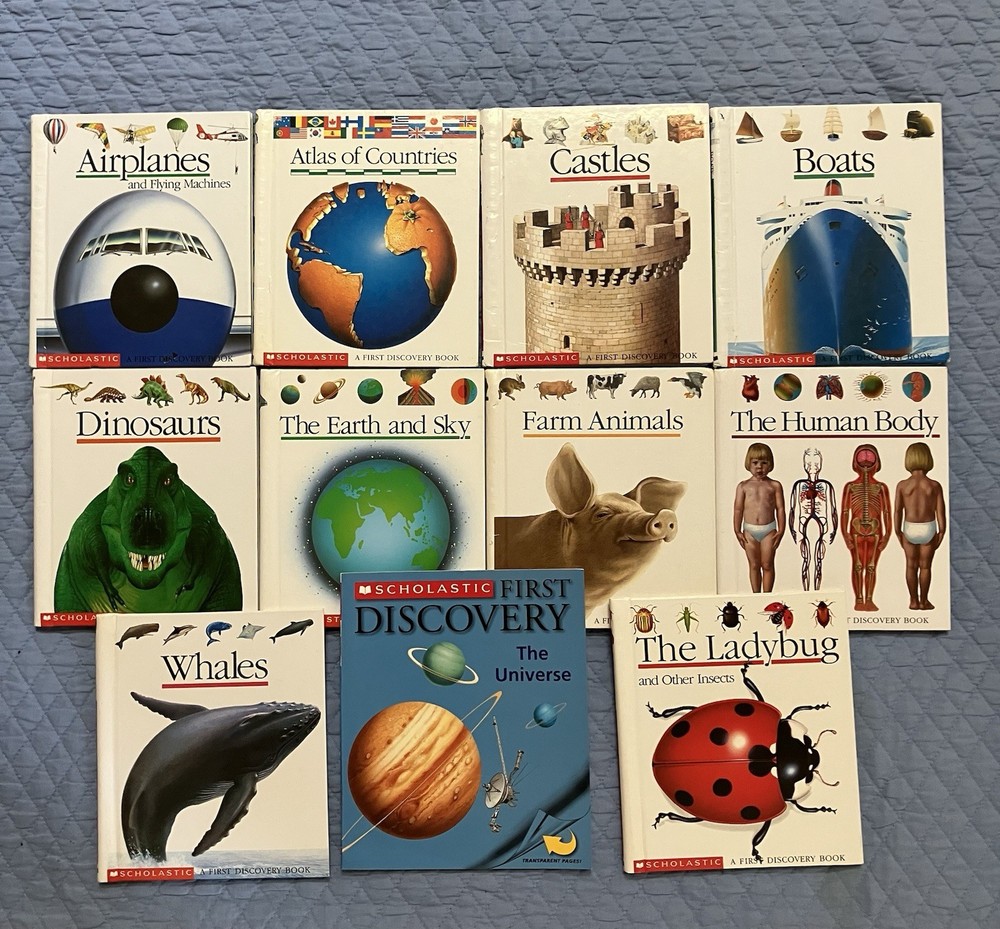 Lot of 11 Scholastic First Discovery Books HUMAN BODY, Dinosaurs,Atlas Set
