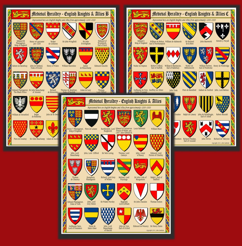HERALDRY OF ENGLISH AND FRENCH KNIGHTS – 6 prints – 180 Total Designs