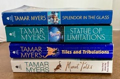 TAMAR MYERS A Den Of Antiquity Mystery Tiles And Tribulations And More Lot of 4