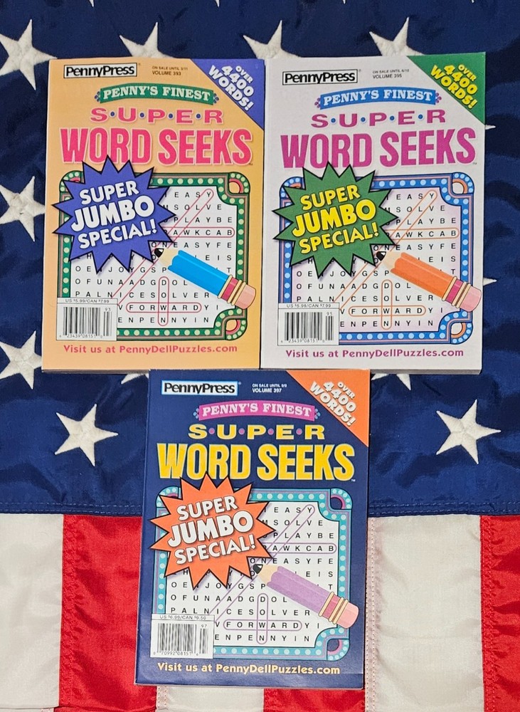Lot of 3 Penny Press Penny’s Finest Super Word Search Seek Puzzle Books Variety