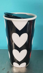 Starbucks 12 oz Ceramic Tumbler/Coffee Mug With Lid, Black & White Hearts, 2015