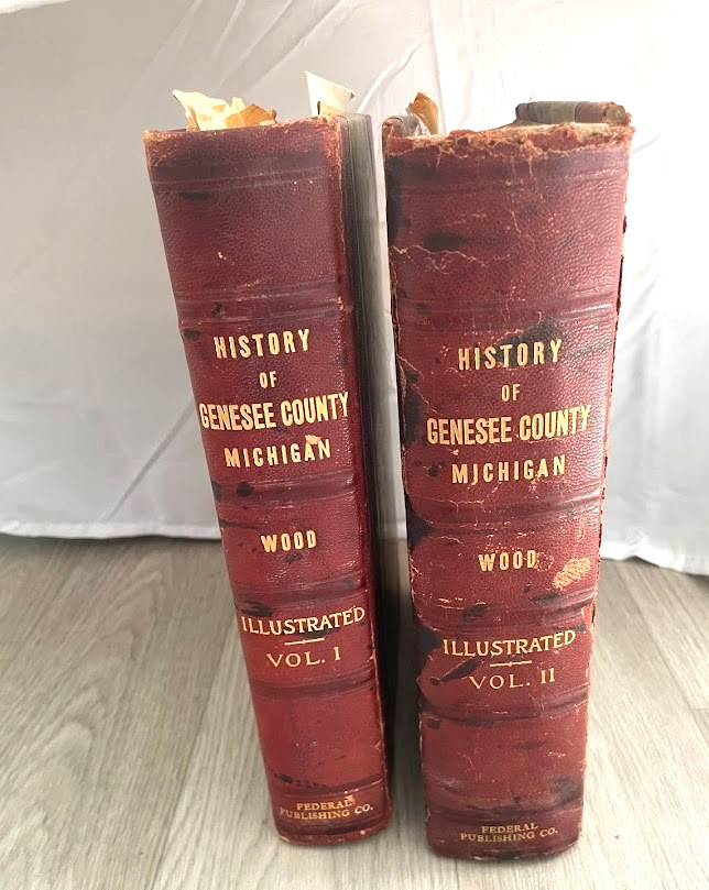2 Antique 1916 History of Genesee County Michigan book Illustrations HC – Wood