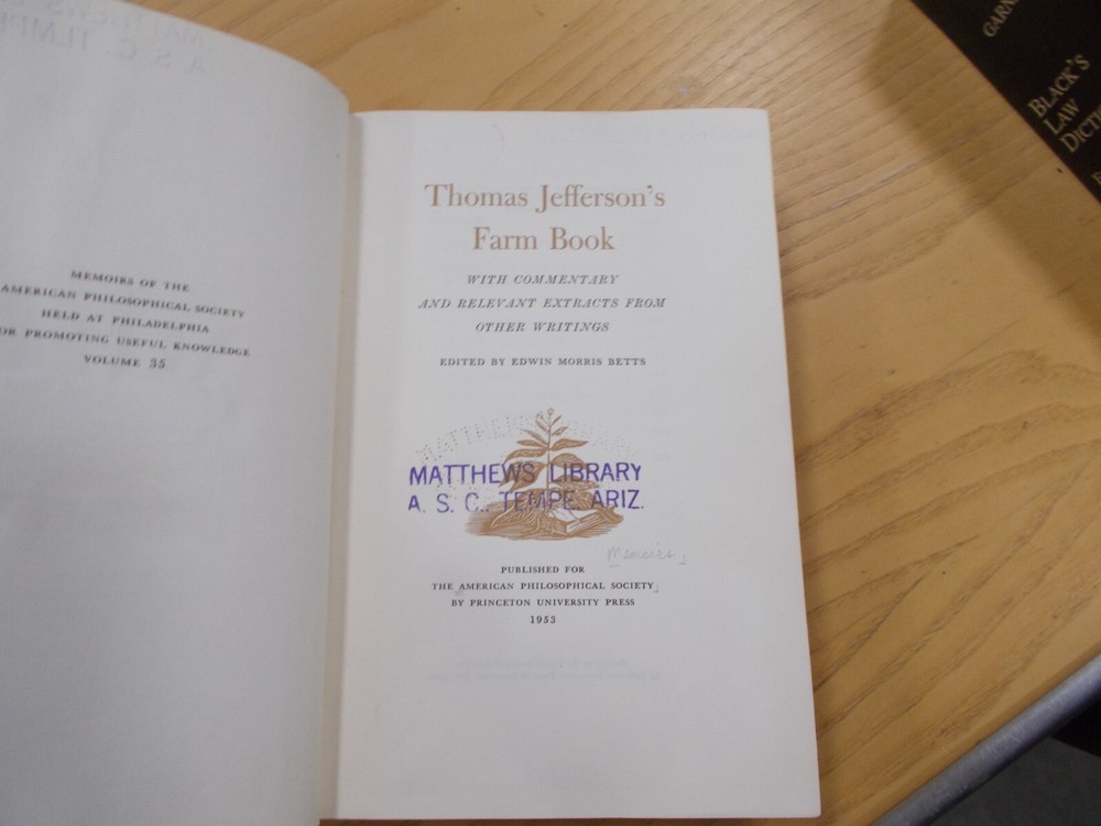 * THOMAS JEFFERSON’S FARM BOOK WITH COMMENTARY & RELEVANT EXTRA CH 1953