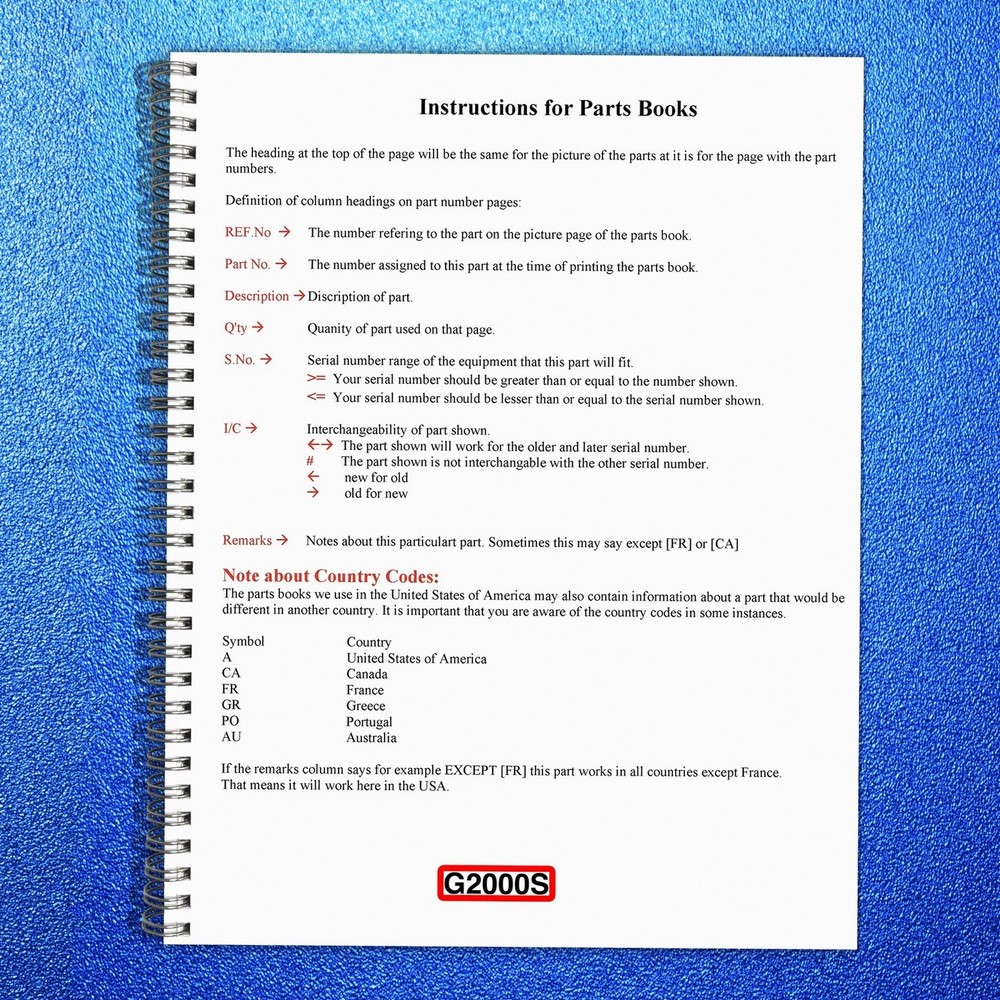 KUBOTA G2000S Parts Manual – TOUGH WIRE BOUND – STURDY COVERS