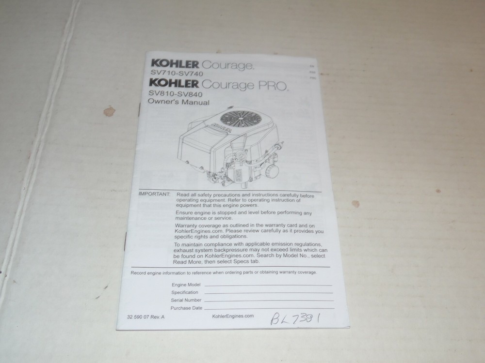 Kohler Courage SV710-SV740 Courage Pro SV810-840 Owners Manual – 24 Pages